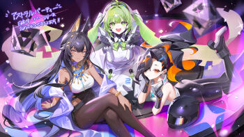 3girls ahoge astral_party black_gloves black_hair blurry blurry_foreground chyoel dark_skin gloves green_eyes green_hair helmet highres long_sleeves looking_at_viewer luka_(astral_party) lulu_(astral_party) lying multicolored_hair multiple_girls nardis_(astral_party) on_stomach open_mouth orange_eyes orange_hair sitting sleeveless slit_pupils smile star-shaped_pupils star_(symbol) symbol-shaped_pupils two-tone_hair unworn_headwear unworn_helmet yellow_eyes