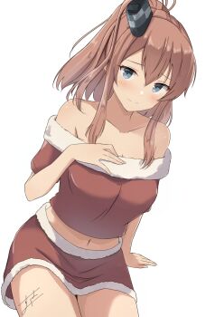 1girl absurdres bare_shoulders blue_eyes blush breasts brown_hair commentary_request fur-trimmed_shirt fur-trimmed_skirt fur_trim hair_between_eyes hand_on_own_chest high_side_ponytail highres kantai_collection large_breasts long_hair looking_at_viewer midriff_peek navel off-shoulder_shirt off_shoulder ponytail red_shirt red_skirt santa_costume saratoga_(kancolle) saratoga_mk_ii_(kancolle) shirt side_ponytail sidelocks simple_background skirt smile smokestack_hair_ornament solo sukimizaki white_background