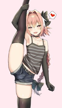 1boy armpits astolfo_(fate) belt black_bow black_gloves black_thighhighs blouse blush bow braid braided_ponytail camisole choker elbow_gloves fang fate/apocrypha fate_(series) flexible gloves grey_camisole hair_between_eyes hair_bow hair_intakes half-closed_eyes hand_up heart heart-shaped_pupils highres standing_split leg_lift leg_up long_braid long_hair looking_at_viewer male_focus multicolored_hair open_mouth pink_background pink_hair red_eyes shirt short_shorts shorts simple_background single_braid skin_fang sky-freedom sleeveless sleeveless_shirt smile split spoken_heart standing standing_on_one_leg standing_split streaked_hair striped_clothes striped_shirt symbol-shaped_pupils thighhighs thighs trap two-tone_hair very_long_hair white_hair
