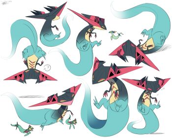 claws dragapult dragon dreepy floating flying full_body gen_8_pokemon half-closed_eyes looking_at_another looking_to_the_side multiple_views nintendo no_humans pokemon pokemon_(creature) simple_background tiger_subaru white_background yellow_eyes
