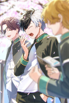 Rule 34 | 3boys, absurdres, book, cherry blossoms, clenched hand, closed eyes, earrings, eyepatch, fangs, hand in pocket, suo hayato, highres, holding, holding book, jewelry, koyulu, male focus, multiple boys, nirei akihiko, open mouth, pocketbook, sakura haruka (wind breaker), wind breaker (nii satoru), yawning