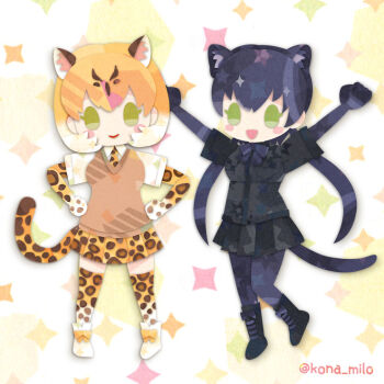 2girls animal_ears animal_print black_leopard_(kemono_friends) extra_ears kemono_friends kikuchi_milo leopard_(kemono_friends) leopard_ears leopard_girl leopard_print leopard_tail looking_at_viewer multiple_girls simple_background tail