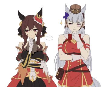 2girls animal_ears armband bare_shoulders black_dress blunt_bangs blush_stickers bow bowtie braid braided_hair_rings breasts brown_hair brown_hat cleavage closed_mouth corset detached_sleeves dress ear_bow ear_covers ear_ornament ear_ribbon gentildonna_(regina_dei_fiori)_(umamusume) gentildonna_(umamusume) gloves gold_ship_(red_strife)_(umamusume) gold_ship_(umamusume) grey_hair guinea499 hair_between_eyes hair_ornament hair_rings hat heart-shaped_ornament heart_ear_ornament highres horse_ears horse_girl horse_tail large_breasts long_hair multiple_girls pillbox_hat purple_bow purple_eyes red_bow red_corset red_dress red_eyes see-through_cleavage see-through_clothes simple_background sleeveless sleeveless_dress sparkle speech_bubble striped_armband striped_clothes tail umamusume white_background white_gloves
