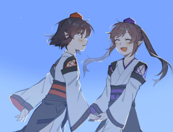 Rule 34 | 2girls, blush, brown hair, closed eyes, commentary request, detached sleeves, fang, hand grab, hat, himekaidou hatate, japanese clothes, kimono, kourindou tengu costume, long sleeves, missing wings, multiple girls, obi, obijime, official alternate costume, open mouth, pointy ears, purple hat, purple sash, red hat, red sash, sakic43899, sash, shameimaru aya, short hair, smile, tokin hat, touhou, twintails, white kimono, wide sleeves, yuri