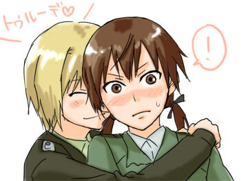 00s 2girls blonde_hair blush brown_eyes brown_hair closed_eyes erica_hartmann gertrud_barkhorn hug multiple_girls murasaki portrait strike_witches sv sweat world_witches_series yuri