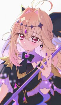 Rule 34 | 1girl, absurdres, antenna hair, black bow, black capelet, black dress, blonde hair, blush, bow, braid, brooch, capelet, chromatic aberration, closed mouth, commentary request, cure arcana shadow, diamond hairband, dot nose, dress, earrings, fingernails, gem, hair bow, hair intakes, heart, heart brooch, highres, holding, holding staff, jewelry, long hair, looking at viewer, magical girl, meitantei precure!, moria luluka, precure, purple eyes, purple gem, purple nails, purple veil, purple wrist cuffs, smile, solo, staff, tear arcana rod, upper body, utaha shiu, veil, white background, wrist cuffs