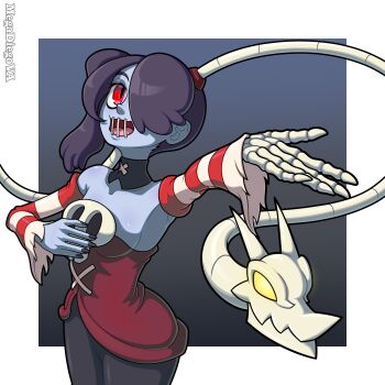 1girl absurdres artist_name bare_shoulders black_collar black_nails blue_hair blue_skin bone border breasts collar colored_skin commentary cowboy_shot detached_collar detached_sleeves english_commentary fingernails gradient_background grey_background hair_over_one_eye highres leviathan_(skullgirls) long_hair medium_breasts megadiegova music object_through_head open_mouth outstretched_hand red_eyes side_ponytail sideboob simple_background singing skeletal_hand skirt skull skullgirls smile solo squigly_(skullgirls) stitched_mouth stitches striped_clothes striped_sleeves tongue white_border yellow_eyes zombie