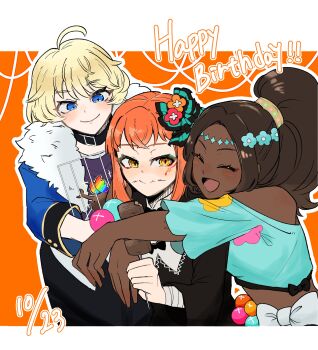 3girls absurdres blonde_hair blue_eyes breasts closed_mouth dark-skinned_female dark_skin facial_mark fire_emblem fire_emblem_engage high_ponytail highres hug kagehunihuni medium_breasts merrin_(fire_emblem) multiple_girls nintendo panette_(fire_emblem) ponytail smile timerra_(fire_emblem) yellow_eyes