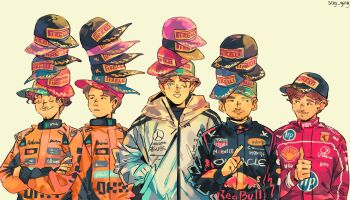 5boys baseball_cap black_eyes blue_eyes blue_racing_suit brown_hair charles_leclerc closed_eyes commentary crossed_arms english_commentary facial_hair ferrari formula_one george_russell grey_jacket hands_in_pockets hat hat_over_hat hewlett-packard highres hood hooded_jacket jacket lando_norris looking_at_another male_focus max_verstappen multiple_boys no_sclera one_eye_closed orange_racing_suit oscar_piastri pirelli racing_suit real_life red_bull red_racing_suit shell_(company) simple_background smile sog_goog tag_heuer thumbs_up yellow_background