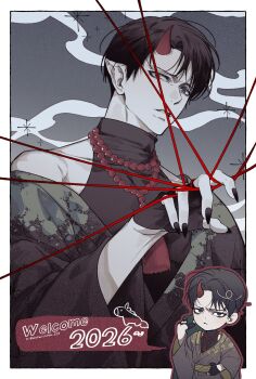 1boy 2026 alternate_costume black_gloves black_hair black_nails border commentary fingerless_gloves gloves highres horns levi_(shingeki_no_kyojin) looking_at_viewer lovewithyou_159 male_focus parted_lips red_horns shingeki_no_kyojin short_hair single_horn symbol-only_commentary teeth twitter_username white_border