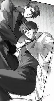 2boys black_coat black_hair black_shirt coat feet_out_of_frame from_below frown greyscale hand_on_another&#039;s_shoulder highres hinizana kim_dokja light_smile looking_at_viewer male_focus monochrome multiple_boys narrowed_eyes omniscient_reader&#039;s_viewpoint open_clothes open_coat shirt short_hair white_coat yoo_joonghyuk