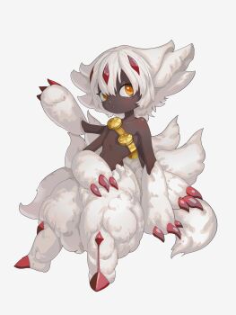 1girl absurdres claws commentary dark-skinned_female dark_skin extra_arms faputa full_body goodwater highres loli looking_at_viewer made_in_abyss monster_girl orange_eyes parted_lips simple_background solo white_background white_fur