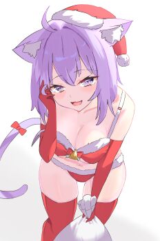 1girl animal_ear_fluff animal_ears bikini blush breasts cat_ears cat_girl cat_tail commentary_request earl_grey_no_chaba elbow_gloves fur-trimmed_bikini fur-trimmed_headwear fur_trim gloves hat highres holding holding_sack hololive large_breasts looking_at_viewer medium_hair nekomata_okayu open_mouth purple_eyes purple_hair red_bikini red_gloves red_hat red_thighhighs sack santa_bikini santa_costume smile solo swimsuit tail thighhighs virtual_youtuber