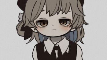 Rule 34 | 1girl, bad id, bad tumblr id, black hat, blush, brown eyes, brown hair, closed mouth, collared shirt, colored inner hair, expressionless, grey background, grey hair, hat, hatoba tsugu, jitome, looking at viewer, medium hair, mole, mole under eye, multicolored hair, portrait, shirt, simple background, solo, tsugu (vtuber), virtual youtuber, white shirt, yknsugar