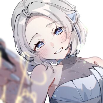 Rule 34 | 1girl, bare shoulders, blue eyes, blush, character signature, commentary request, drawing on fourth wall, forehead, gakuen idolmaster, grey hair, grin, highres, idolmaster, katsuragi lilja, kitanoneko, looking at viewer, official alternate costume, short hair, simple background, sleeveless, smile, solo, white background