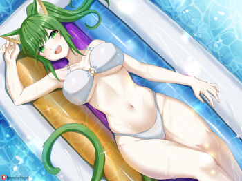 Rule 34 | 1girl, :d, absurdres, animal ear fluff, animal ears, arm up, artist name, bikini, breasts, cat ears, cat girl, cat tail, collarbone, feet out of frame, green eyes, green hair, green tail, highres, inflatable raft, large breasts, long hair, looking at viewer, lori hagami, lying, miqo'te, navel, o-ring, o-ring bikini, o-ring top, on back, open mouth, original, patreon username, ponytail, purple hair, smile, solo, stomach, swimsuit, tail, teeth, thighs, underboob, upper teeth only, water, watermark, web address, wet, white bikini