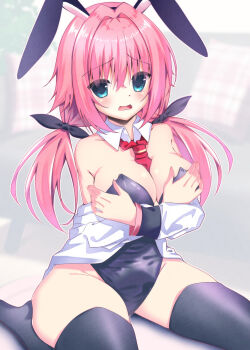 1girl alternate_costume animal_ears armpit_crease bare_shoulders between_breasts black_bow black_leotard black_thighhighs blue_eyes blurry blurry_background blush bow breasts cleavage commentary_request covering_breasts covering_privates detached_collar embarrassed eyes_visible_through_hair fake_animal_ears hair_between_eyes hair_bow hair_intakes hamidashi_creative highleg highleg_leotard highres knees_out_of_frame large_breasts leotard long_hair long_sleeves looking_at_viewer low_twintails necktie necktie_between_breasts no_shoes open_clothes open_mouth open_shirt pink_hair playboy_bunny rabbit_ears red_necktie shirt shirt_partially_removed sidelocks sitting solo strapless strapless_leotard sukonbu385 thighhighs thighs tokiwa_kano twintails wariza wavy_mouth white_shirt