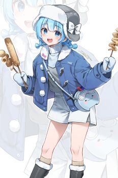 1girl :d arahashi_tabi bag black_boots blue_eyes blue_hair blue_jacket blue_mittens blush boots braid brown_socks commentary feet_out_of_frame food food_request fur-trimmed_boots fur_trim grey_hat grey_shirt hat highres holding holding_food ika_(4801055) jacket kneehighs long_sleeves looking_at_viewer mittens multicolored_hair open_clothes open_jacket open_mouth shirt short_hair shorts signature simple_background smile socks solo standing stellive streaked_hair symbol-only_commentary twin_braids virtual_youtuber white_background white_shorts white_streaks zoom_layer