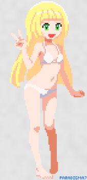 1girl animated animated_gif barefoot bikini blonde_hair breasts full_body green_eyes grey_background lillie_(pokemon) long_hair looking_at_viewer navel nintendo open_mouth paradigma7 pixel_art pokemon pokemon_sm simple_background small_breasts smile solo standing straight-on swimsuit v white_bikini