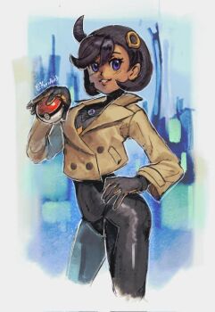 1girl black_hair bodysuit dark-skinned_female dark_skin emma_(pokemon) gloves jacket kornart mega_stone nintendo poke_ball pokemon pokemon_legends:_z-a purple_eyes short_hair teeth