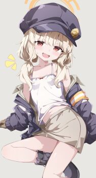 1girl aoba_(blue_archive) black_boots black_hat black_jacket blonde_hair blue_archive blush boots breasts brown_eyes brown_gloves brown_skirt camisole gloves halo hat highres jacket long_hair looking_at_viewer miniskirt navel off_shoulder open_clothes open_jacket open_mouth orange_halo sabana sitting skirt small_breasts smile solo thighs twintails white_camisole