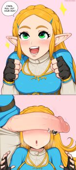 1boy 1girl 2koma afrobull blonde_hair blue_eyes blush braid comic encouragement english_text excited fingerless_gloves gloves hair_ornament hairclip happy heavy_breathing hetero highres imminent_fellatio instant_loss large_penis link lips long_hair looking_at_viewer nintendo nose penis penis_awe penis_on_face penis_over_eyes pink_lips pointy_ears princess_zelda sparkle speech_bubble teeth the_legend_of_zelda the_legend_of_zelda:_breath_of_the_wild thick_eyebrows uncensored