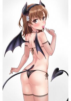 1girl ass bad_id bad_twitter_id bikini black_bikini blush breasts brown_eyes brown_hair candy cowboy_shot demon_horns demon_tail demon_wings fishnet_thighhighs fishnets flower food from_behind hair_flower hair_ornament horns isshi_pyuma lollipop looking_at_viewer looking_back misaka_mikoto short_hair simple_background small_breasts solo standing string_bikini swimsuit tail thighhighs toaru_kagaku_no_railgun toaru_majutsu_no_index unmoving_pattern white_background wings