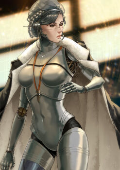 1girl absurdres android annasassiart braid breasts brown_hair coat coat_on_shoulders cropped_legs half_up_braid highres humanoid_robot joints lips lucy_(reverse:1999) medium_breasts metal_skin reverse:1999 robot robot_girl robot_joints short_hair solo standing