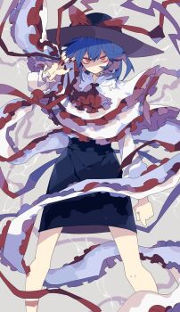 1girl ascot black_hat black_skirt blue_hair capelet commentary frilled_ribbon frills frown hat highres looking_at_viewer medium_hair nagae_iku nail_polish nikorashi-ka red_ascot red_eyes red_nails ribbon skirt solo touhou white_capelet