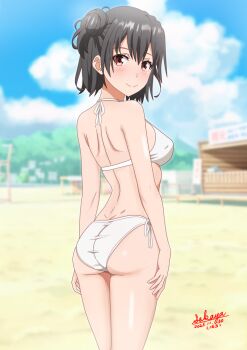 1girl alternate_hair_color ass back beach bikini black_hair blurry blurry_background blush breasts brown_eyes closed_mouth cloud commentary_request dated day facing_away from_behind hair_bun halterneck horizon looking_at_viewer looking_back median_furrow medium_breasts outdoors sakayaya sand short_hair shoulder_blades signature single_hair_bun single_side_bun sky solo standing swimsuit thighs white_bikini yahari_ore_no_seishun_lovecome_wa_machigatteiru. yuigahama_yui