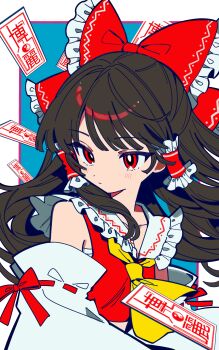 1girl absurdres bare_shoulders black_hair bow closed_mouth commentary detached_sleeves frilled_bow frilled_hair_tubes frills hair_bow hair_tubes hakurei_reimu highres long_hair neckerchief nontraditional_miko ofuda red_bow red_eyes red_shirt rotoi_1234 sarashi shirt simple_background sleeveless sleeveless_shirt solo touhou upper_body white_background white_sleeves yellow_neckerchief yin_yang