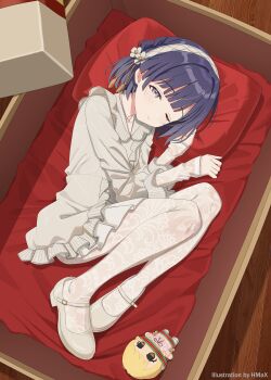 1girl absurdres blue_hair box braid character_doll commentary_request doll dress flower fujita_kotone gakuen_idolmaster grey_dress grey_eyes grey_hairband grey_shoes hair_intakes hairband half-closed_eye hands_up hataya_misuzu highres hmax idolmaster in_box in_container long_sleeves looking_at_viewer lying on_side one_eye_closed pantyhose parted_lips purple_hair shoes sleeves_past_wrists solo white_flower white_pantyhose