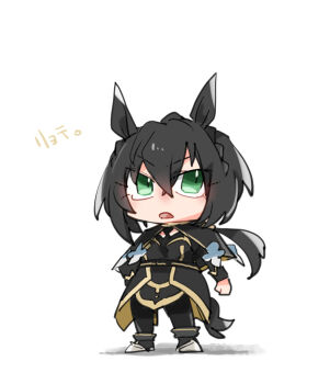 1girl animal_ears beer_hsk black_boots black_capelet black_dress black_hair black_pantyhose boots braid capelet chibi crown_braid dress full_body green_eyes hair_between_eyes horse_ears horse_girl horse_tail kin&#039;iro_ryotei_(umamusume) long_hair long_sleeves low_ponytail open_mouth pantyhose ponytail shadow solo standing tail translation_request umamusume very_long_hair white_background