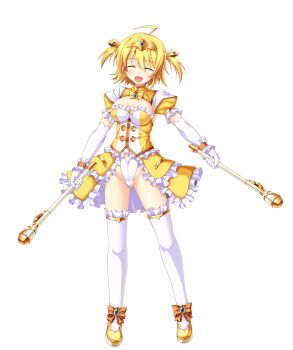 1girl ahoge amagi_nao aoi_masami arty_flare blonde_hair blush breasts chest_jewel cleavage closed_eyes dual_wielding elbow_gloves facing_viewer frills full_body game_cg genderswap genderswap_(mtf) gloves highres holding jewelry large_breasts large_variant_set leotard magical_girl non-web_source official_art open_mouth puffy_sleeves short_hair short_sleeves smile solo standing thighhighs tiara transparent_background ts_magical_girl_nao twintails two_side_up variant_set white_gloves white_thighhighs