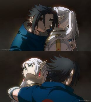 1boy 1girl bad_sasuke_drawing_(meme) black_eyes black_hair capelet cioccolatodorima closed_mouth commentary crossover dress earrings elf english_commentary flak_jacket floating_earrings frieren green_eyes grey_hair highres jacket jewelry long_hair long_sleeves meme naruto_(classic) naruto_(series) parted_bangs pointy_ears pun shirt short_hair simple_background smile sousou_no_frieren spiked_hair teardrop_earrings trait_connection twintails uchiha_sasuke uchiha_symbol upward_angle_frieren_drawing_(meme) white_capelet white_hair