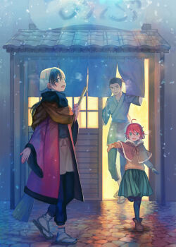 Rule 34 | 1boy, 2girls, ahoge, ankle boots, apron, black hair, black legwear, boots, broom, brown capelet, brown eyes, capelet, cold, dark, eva (isekai izakaya), green eyes, hanten (clothes), highres, isekai izakaya "nobu", kururi, long hair, looking at viewer, looking back, low ponytail, multiple girls, night, official art, open mouth, pantyhose, ponytail, red hair, ribbed sweater, samue, sandals, scarf, senke shinobu, short hair, skirt, sliding doors, standing, standing on one leg, storefront, sweater, tabi, waist apron, winter, yazawa nobuyuki, zouri