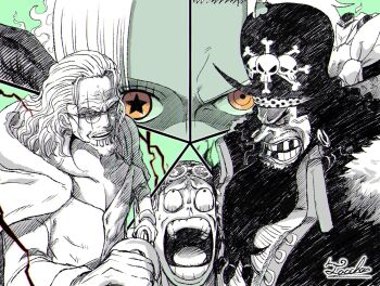 1girl 4boys beard cape collared_coat commentary_request earrings eyelashes facial_hair fire glasses green_background greyscale_with_colored_background hair_slicked_back hashtag-only_commentary hat headband highres holding holding_sword holding_weapon hood hooded_cape jewelry koby_(one_piece) long_beard long_hair long_nose looking_up marshall_d._teach medium_hair missing_tooth multiple_boys mustache_stubble one_piece open_mouth orange_eyes pirate_hat s-hawk s-snake scar scar_across_eye scar_on_face seraphim_(one_piece) sheath signature silvers_rayleigh star-shaped_pupils star_(symbol) stubble sweatdrop sword symbol-shaped_pupils tacchan56110 unsheathing v-shaped_eyebrows veins weapon