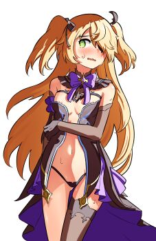 1girl absurdres blonde_hair bodystocking bow bowtie commentary_request eyepatch fischl_(genshin_impact) genshin_impact green_eyes hair_over_one_eye highres junji_17 nipples purple_bow purple_bowtie single_leg_pantyhose single_thighhigh thighhighs two_side_up