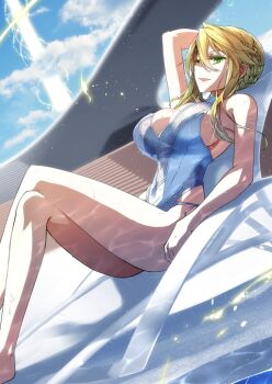 arm_at_side arm_up artoria_pendragon_(fate) artoria_pendragon_(swimsuit_ruler)_(fate) artoria_pendragon_(swimsuit_ruler)_(second_ascension)_(fate) bare_arms bare_legs bare_shoulders barefoot blue_sky braid breasts bright_pupils bun_with_braided_base caustics cleavage cleavage_cutout clothing_cutout cloud crossed_legs dutch_angle fate/grand_order fate_(series) feet_out_of_frame game_cg green_eyes hair_between_eyes high_collar ishida_akira knees_up large_breasts light_particles long_sidelocks looking_at_viewer lying narrow_waist official_art on_back one-piece_swimsuit open_mouth poolside short_hair_with_long_locks side-tie_one-piece_swimsuit side_cutout sideboob sidelocks sky smile swimsuit third-party_source wet white_one-piece_swimsuit