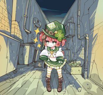 +_+ 1girl :3 alley banknote blush blush_stickers boots box brick_wall brown_boots chromashift closed_mouth cloud clover clover_hat_ornament commentary commission crack crop_top cropped_jacket dollar_bill dumpster english_commentary four-leaf_clover full_body fuyo_cloverfield green_eyes green_hair green_skirt highres jacket long_sleeves midriff money navel orange_hair outdoors shadow shirt skirt sky sleeves_past_fingers sleeves_past_wrists smile solo sparkle standing striped_clothes striped_shirt striped_thighhighs thighhighs trash_can twintails two-tone_thighhighs virtual_youtuber white_jacket xtacy