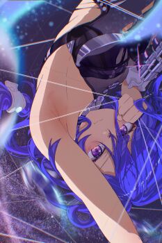 1girl :s absurdres arm_up armpits bare_shoulders bilingual_commentary black_leotard blue_eyes blue_hair blue_pupils blurry blurry_background breasts chinese_commentary clenched_hand closed_mouth clothing_cutout commentary_request cuffs cutout_above_navel depth_of_field dot_nose double-parted_bangs hair_between_eyes hand_up highres holding holding_string houmurua leotard light_blush light_particles long_hair long_hair_between_eyes looking_at_viewer making-of_available medium_breasts mixed-language_commentary multi-source_commentary presenting_own_armpit promeia_(zenless_zone_zero) side_cutout sleeveless solo string thread upper_body upside-down v-shaped_eyebrows zenless_zone_zero