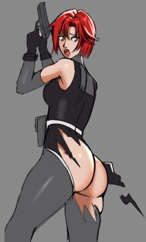 1girl ass butt_crack dino_crisis from_behind gluteal_fold highres looking_back red_eyes red_hair regina_(dino_crisis) short_hair simple_background solo sunbeam_(artist) wardrobe_malfunction
