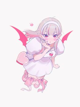 Rule 34 | 1girl, bag, blush stickers, center-flap bangs, colored inner hair, demon wings, dress, earrings, floating hair, from above, full body, grey hair, hair behind ear, hair over shoulder, hairband, hand on own cheek, hand on own face, heart, heart-shaped bag, heart necklace, highres, iimuchan love, jewelry, leg bow, leg ribbon, long hair, looking at viewer, makaino ririmu, multicolored hair, necklace, nijisanji, official alternate costume, official alternate hairstyle, parted lips, pink bag, pink hair, pink ribbon, pink shoes, pink streaks, pointy ears, puffy short sleeves, puffy sleeves, red eyes, red wings, ribbon, shoes, short dress, short sleeves, shoulder bag, simple background, solo, straight hair, streaked hair, stud earrings, two-tone hair, upturned eyes, virtual youtuber, white background, white dress, white hairband, wings