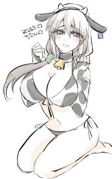 1girl animal_ears artist_request bare_shoulders bikini blue_eyes blush breasts cleavage collarbone cow_ears cow_horns cow_print cow_print_bikini cowbcollar elbow_gloves fake_animal_ears gloves grey_hair highres horns large_breasts legs long_hair low_side_ponytail mature_female navel print_bikini sitting solo swimsuit thighs uzaki-chan_wa_asobitai! uzaki_tsuki