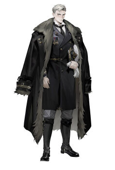 1boy black_boots black_coat black_jacket black_necktie blue_eyes boot_straps boots character_request closed_mouth coat collared_shirt fur-trimmed_coat fur_trim gloves grey_pants hat highres holding holding_gloves holding_unworn_clothes jacket male_focus medal military_dress_uniform military_uniform morimens naval_dress_uniform naval_uniform necktie official_art pants peaked_cap redsakaone shirt short_hair simple_background solo unworn_gloves white_background white_gloves white_hair white_hat white_shirt