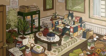 1boy absurdly_detailed_composition animal_ear_fluff animal_ears apple bag basket black_gloves black_hair blue_flower blue_pants blunt_ends book book_on_lap boots bowl box brooch brown_boots brown_eyes brown_vest can cardboard_box carrot chalkboard closed_mouth coffee coffee_mug coffee_pot collared_shirt cooking_pot couch counter crumpled_paper cup curtains cutting_board door floral_print flower flower_pot food fox_boy fox_ears fox_tail fruit genshin_impact gloves green_eyes green_hair green_neckerchief hair_between_eyes highres hishida_(koko_escape) holding indoors jewelry kitchen_knife knife lapels loaded_interior long_sleeves lumidouce_bell_(genshin_impact) male_focus mourning_flower_(genshin_impact) mug multicolored_eyes multicolored_hair mushroom neckerchief official_alternate_costume on_couch open_book pants paper paper_bag paper_stack plant poster_(object) potato potted_plant red_flower rug scenery shelf shiitake shirt shopping_bag short_hair sitting sleeves_rolled_up slice_of_life smile solo streaked_hair table tablecloth tail tighnari_(genshin_impact) tighnari_(m&amp;g)_(genshin_impact) tomato towel tree_stump vest white_shirt window wooden_floor wooden_table yellow_flower