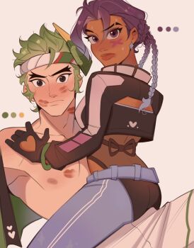 1boy 1girl black_eyes black_gloves black_jacket blue_hair blue_pants blush braid closed_mouth clothing_cutout couple cropped_jacket dark-skinned_female dark_skin embarrassed eyebrow_cut genji_(overwatch) gloves gradient_hair green_hair heart_cutout hetero highres interracial interrupted jacket kaiwankon leotard leotard_under_clothes lipstick lipstick_mark lipstick_mark_on_chest lipstick_mark_on_face lipstick_mark_on_neck looking_at_viewer makeup mole mole_under_eye multicolored_hair multiple_braids official_alternate_costume overwatch pants purple_eyes purple_hair red_lips short_hair simple_background slay_star_sombra smeared_lipstick sombra_(overwatch) sparrow_genji straddling sweat topless_male upright_straddle white_background