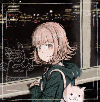 1girl absurdres animal_bag brown_hair cat_bag danganronpa_(series) danganronpa_2:_goodbye_despair flipped_hair hair_ornament highres hood jacket long_sleeves medium_hair nanami_chiaki neck_ribbon night pink_bag pink_eyes recording ribbon shirt smile solo suukiii upper_body usami_(danganronpa)