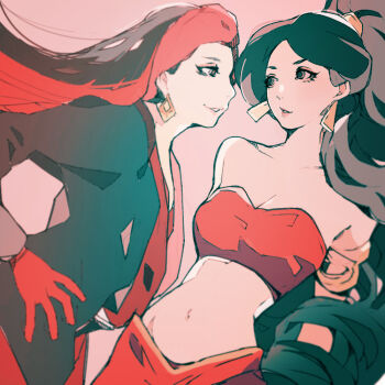 2girls aladdin_(movie) animification arabian_clothes black_hair closed_mouth disneyland dress earrings farja gloves jasmine_(disney) jewelry kyou_o lipstick long_hair long_sleeves makeup multiple_girls red_gloves smile upper_body