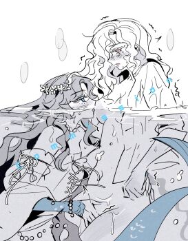 2girls bare_shoulders bottomless breast_sucking commission cowboy_shot dress fingering from_side greyscale hand_on_another's_ass highres hl_(iamawhitehippo) long_hair monochrome multiple_girls naked_shirt off-shoulder_dress off_shoulder open_clothes open_mouth open_shirt partially_submerged partially_underwater_shot purple_eyes reverse:1999 shirt spot_color tearing_up vila_(reverse:1999) watermark windsong_(reverse:1999) yuri